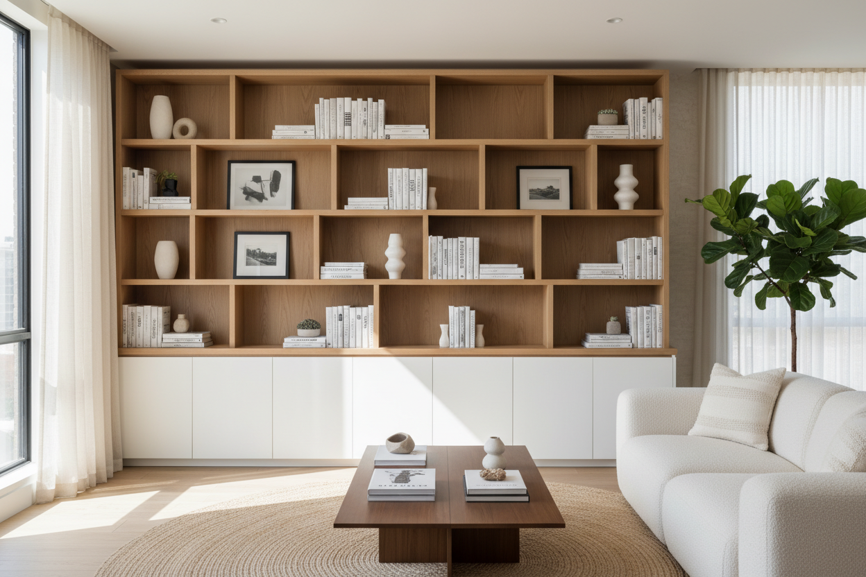 The 'Half-and-Half' Rule for Styling a Shelf With Cabinets