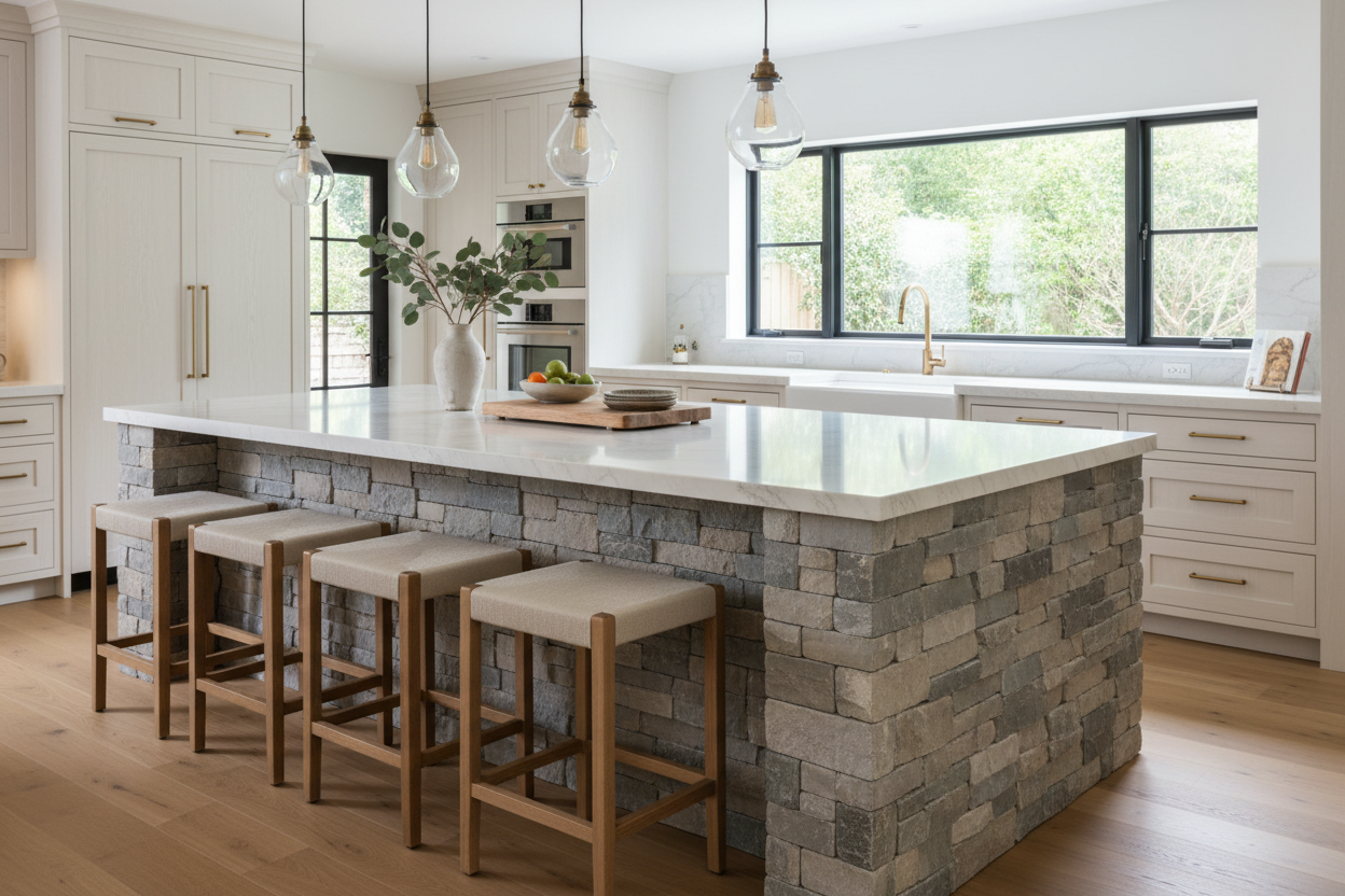 Tired of Barstool Scuffs? Try a Kitchen Island With Stone Front