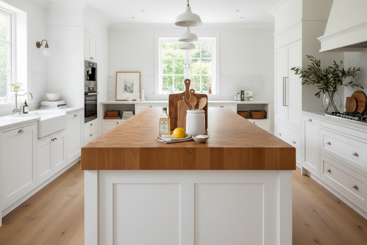 How I Keep My White Kitchen Island Butcher Block Top Looking New