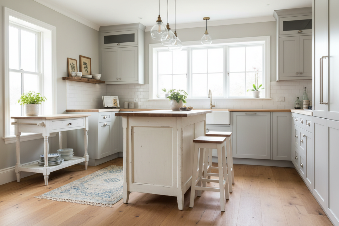 Is an Antique White Island for Kitchen Layouts Too Farmhouse?