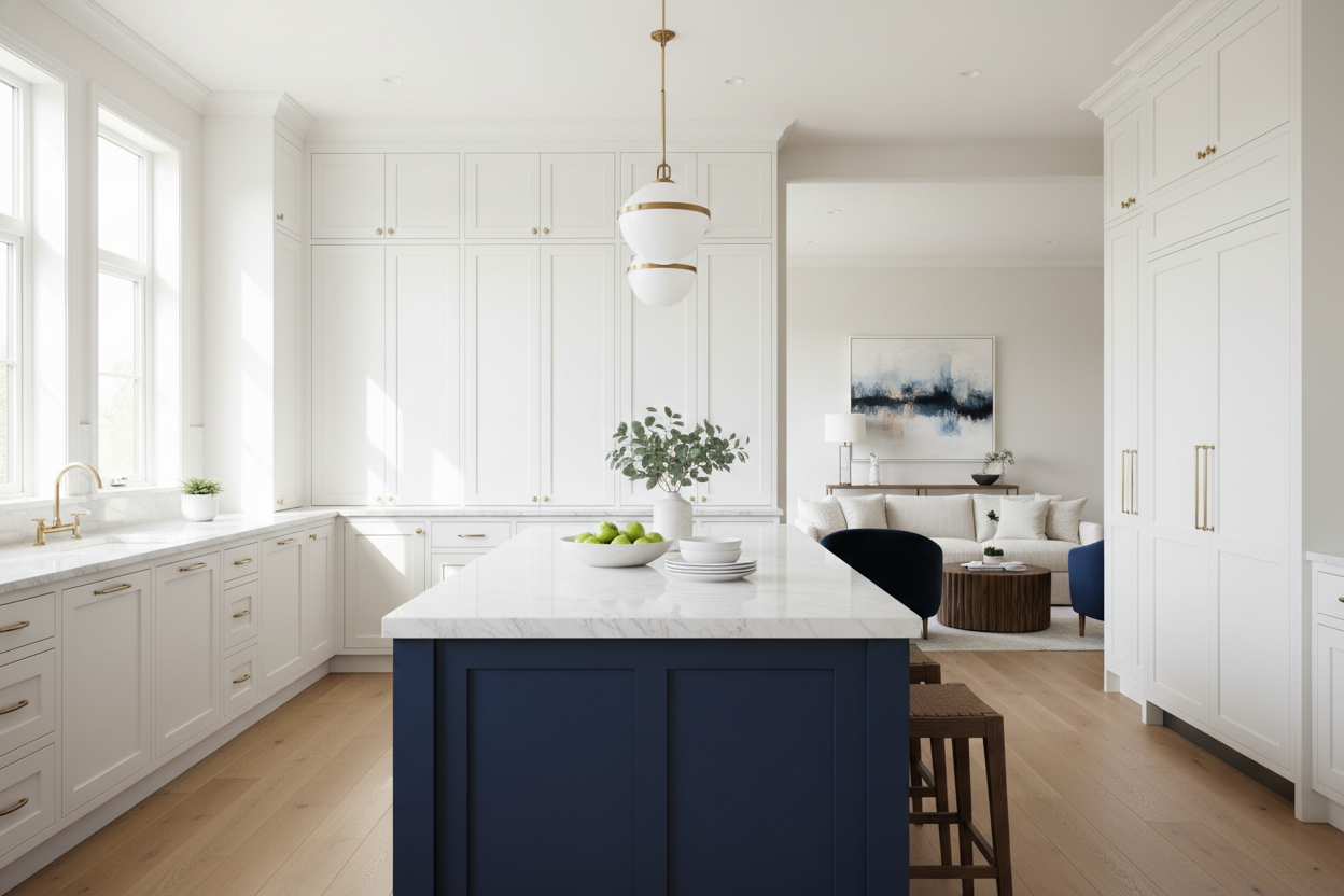 Is a White Kitchen With Dark Blue Island Actually Outdated?
