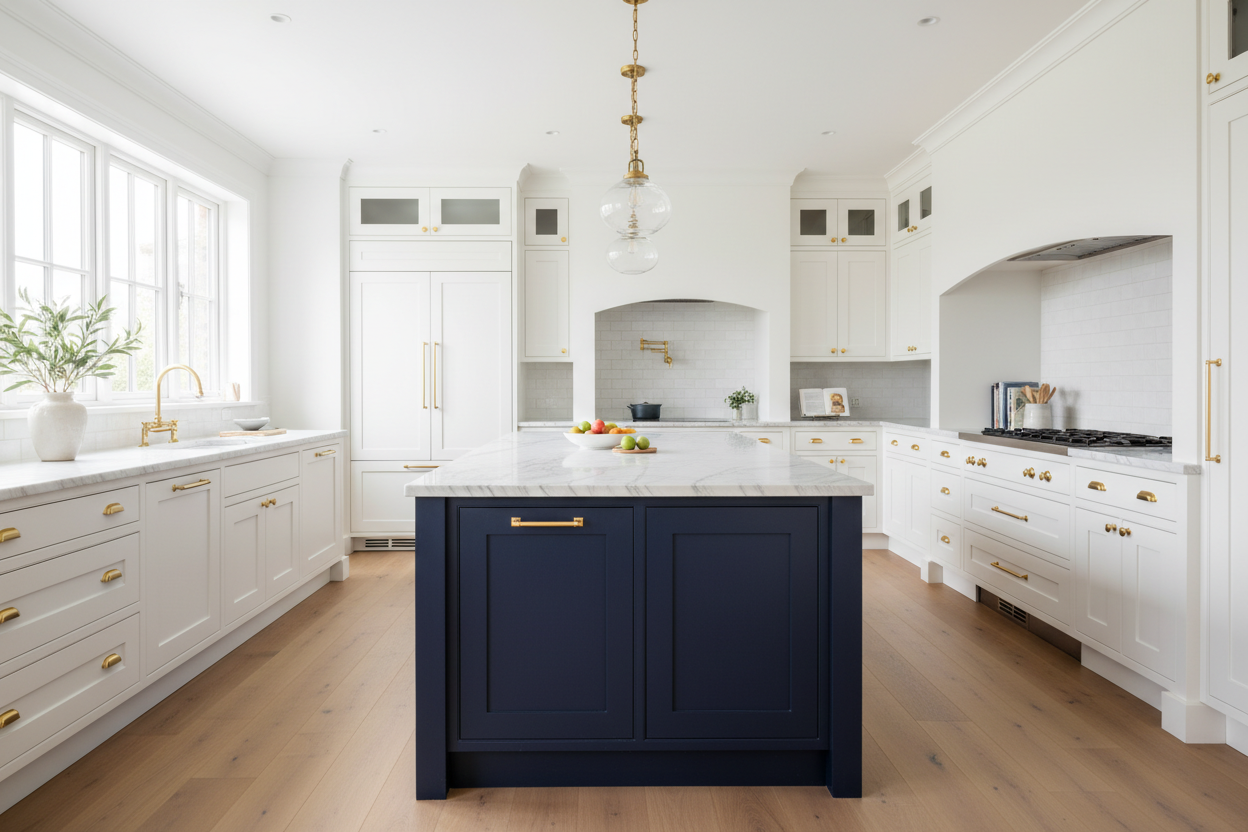 3 Rules for the White Kitchen Blue Island Gold Hardware Trend