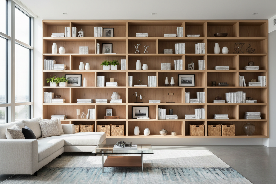 The 3 Rules for Styling Long Bookshelves for Wall Setups