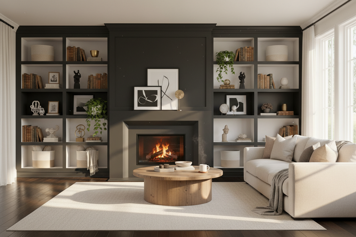 Are Black and White Built-In Shelves Too Stark for a Cozy Home?