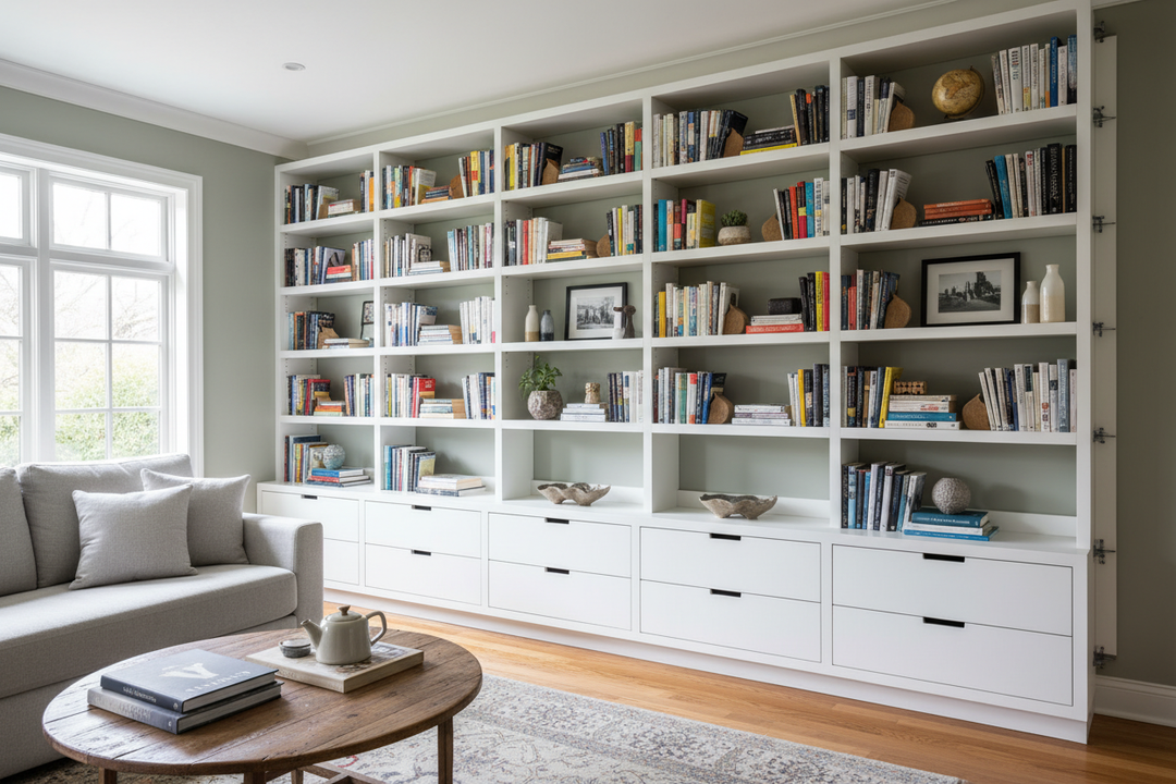 How to Build DIY Built In Bookshelves Without a Woodshop