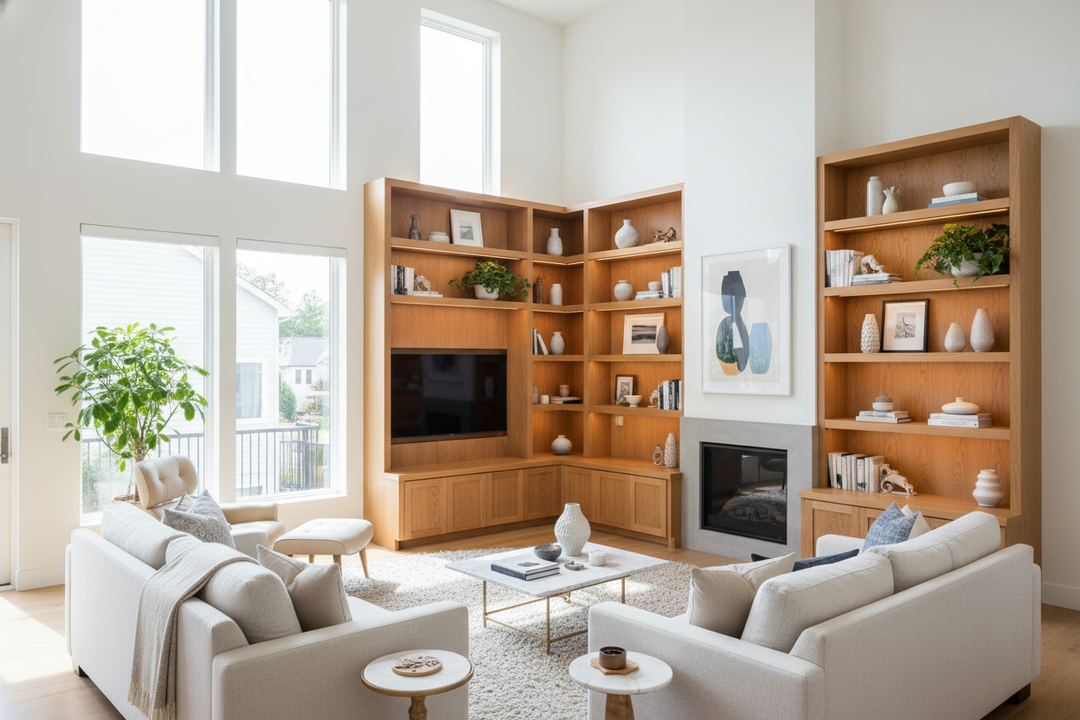 How Built In Shelves on Wall Spaces Fix Awkward Living Rooms