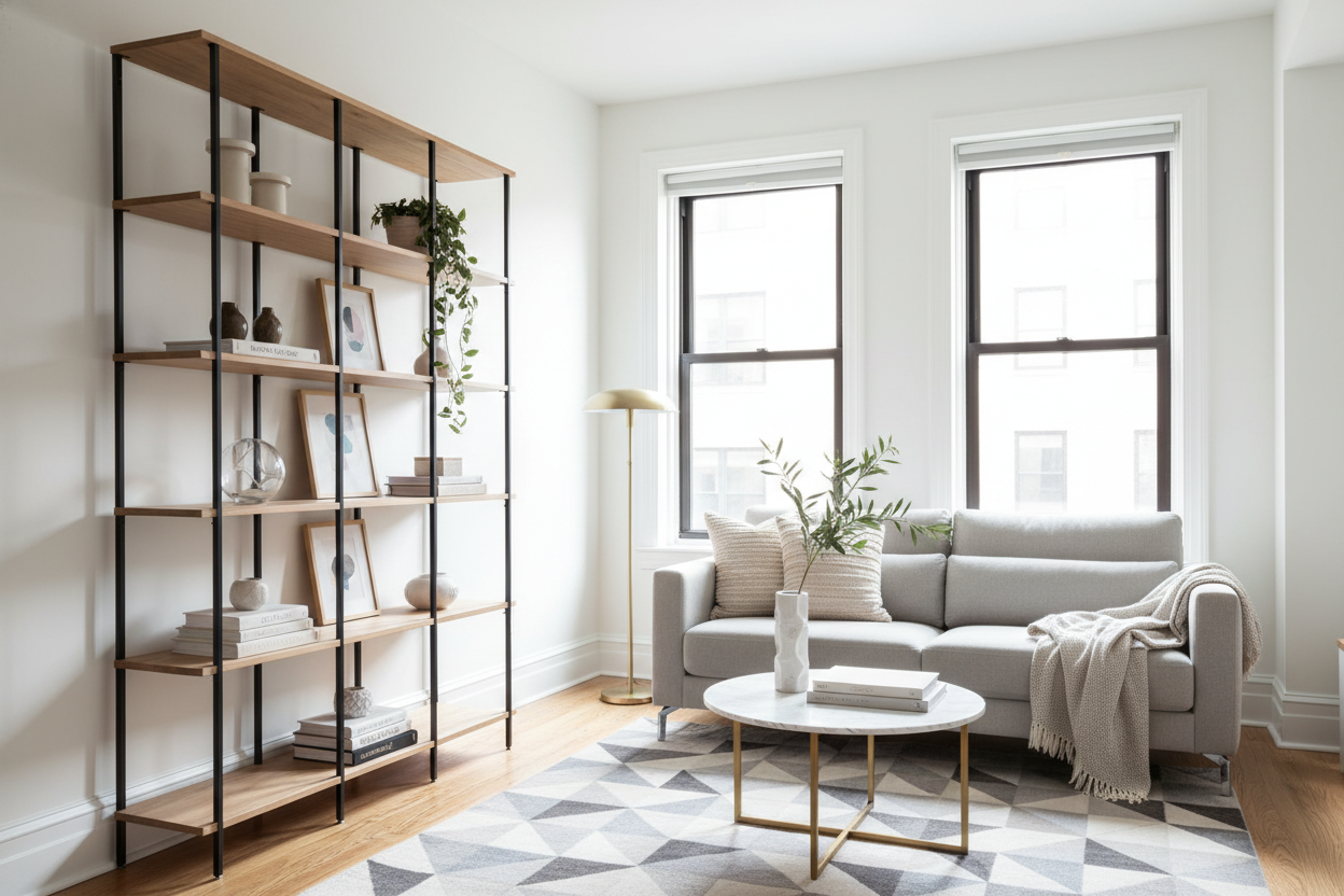 Your Small Room Needs an Etagere Wall Shelf, Not a Solid Bookcase