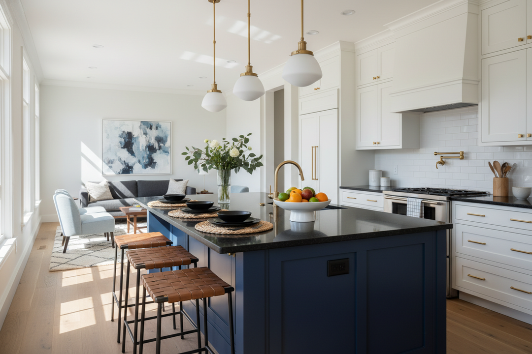 How to Style a Blue Island Black Countertop (Without It Looking Bleak)
