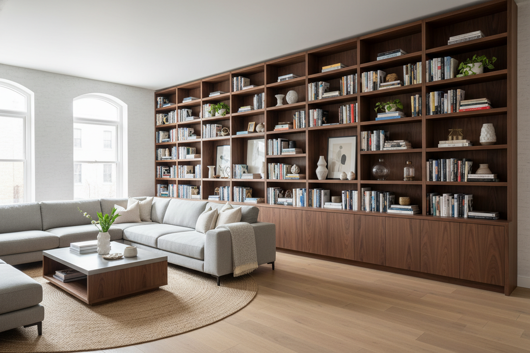 Your Long Living Room Wall Is Begging for a Wide Bookcase