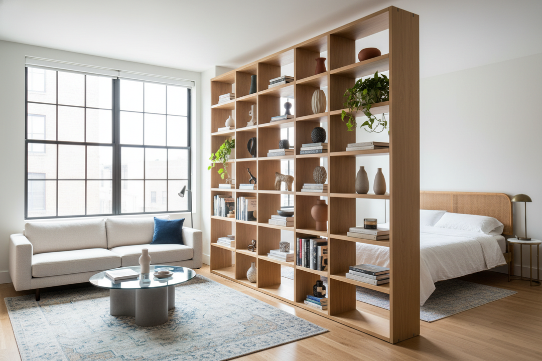 How to Actually Use Bookcases as Room Dividers Without Blocking Light