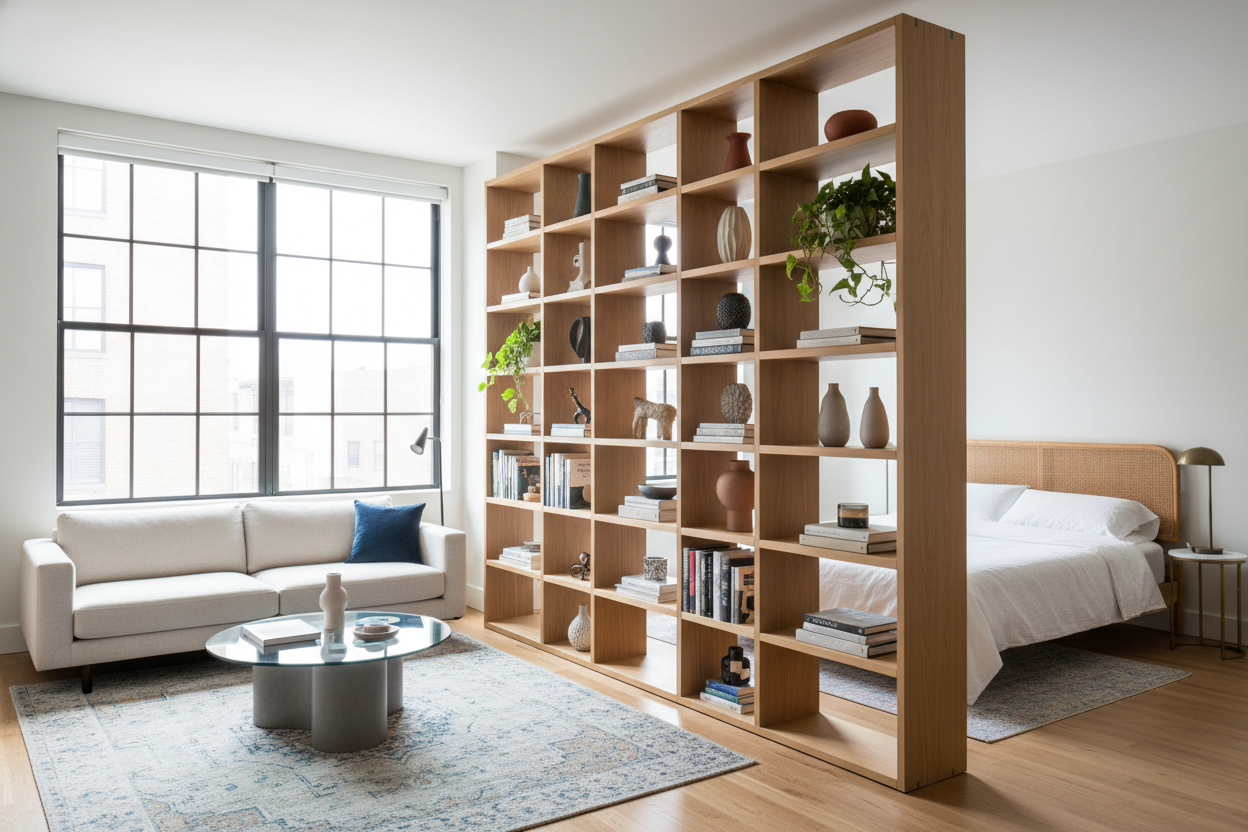 How to Actually Use Bookcases as Room Dividers Without Blocking Light
