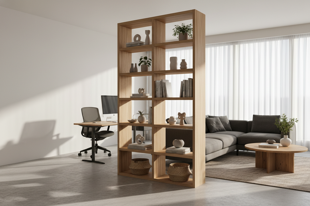 I Used a Wooden Room Divider With Shelves to Fix My Awkward Layout