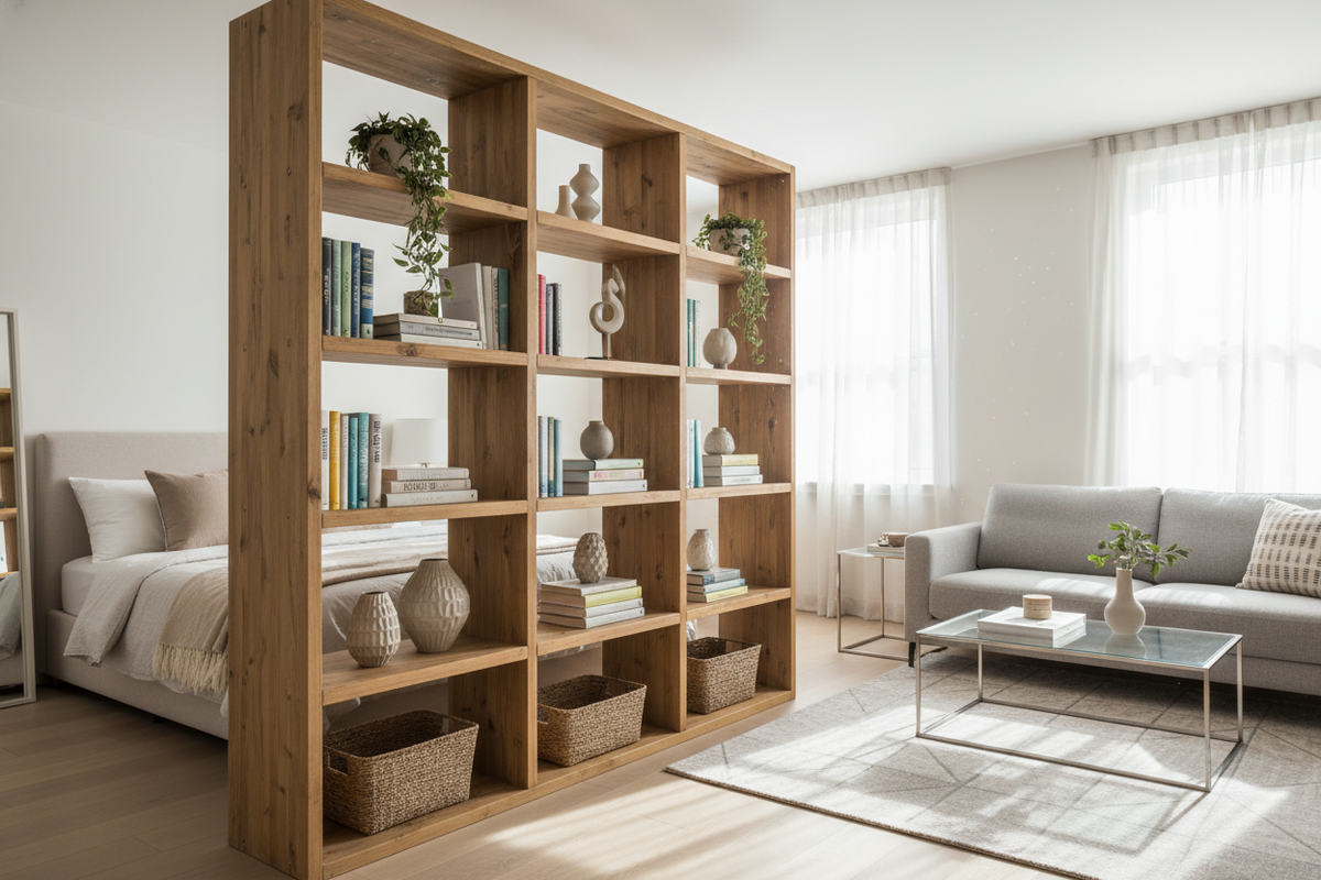 I Used a Studio Apartment Bookshelf Divider to Fake a Bedroom