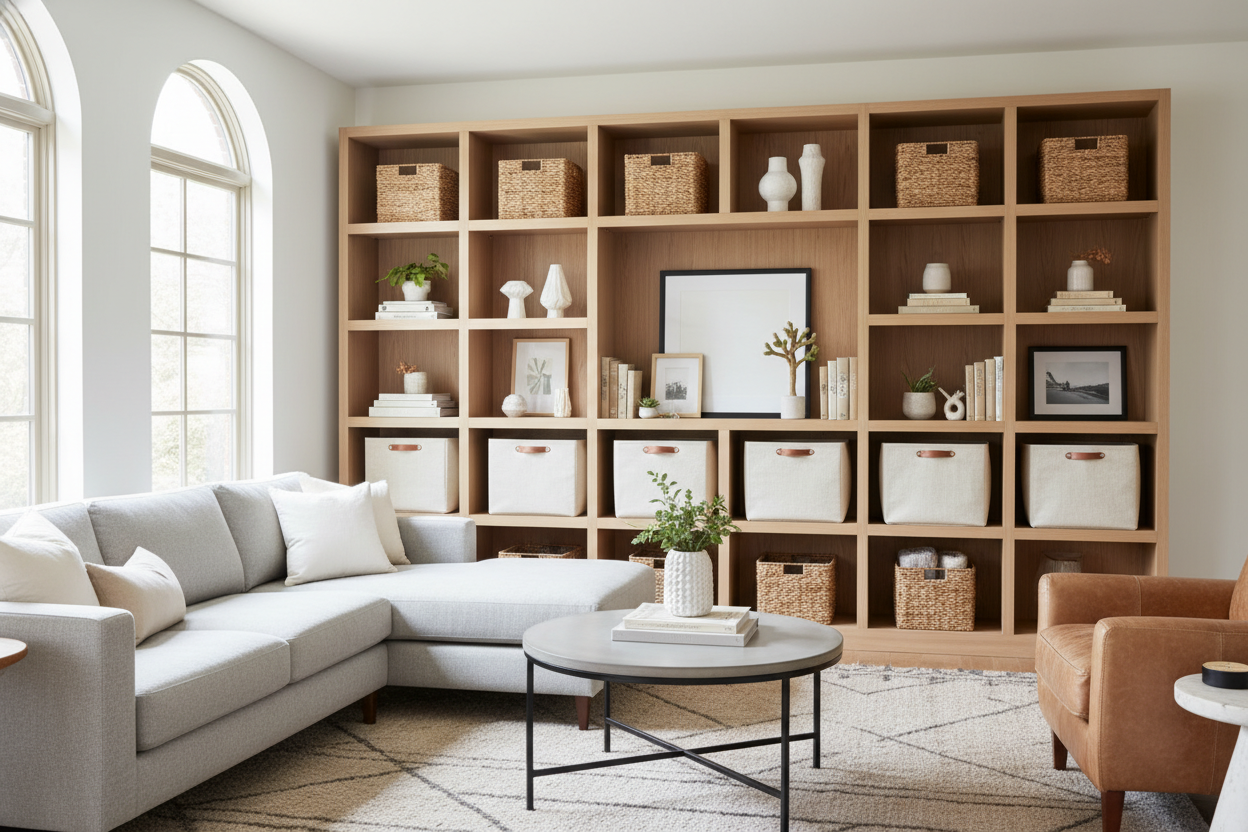 The 3 Rules for Using Shelf Storage Bins in a Grown-Up Living Room