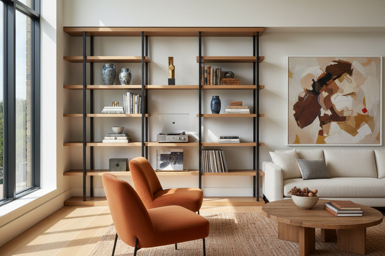 I Mix Vintage Decor With Contemporary Shelving for Living Room Warmth