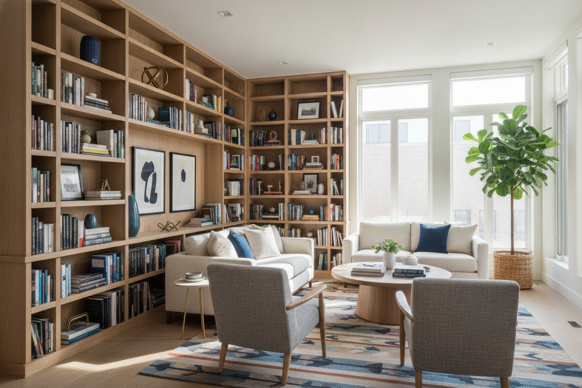 I Faked a Custom Library by Wrapping Shelving Around Room Walls