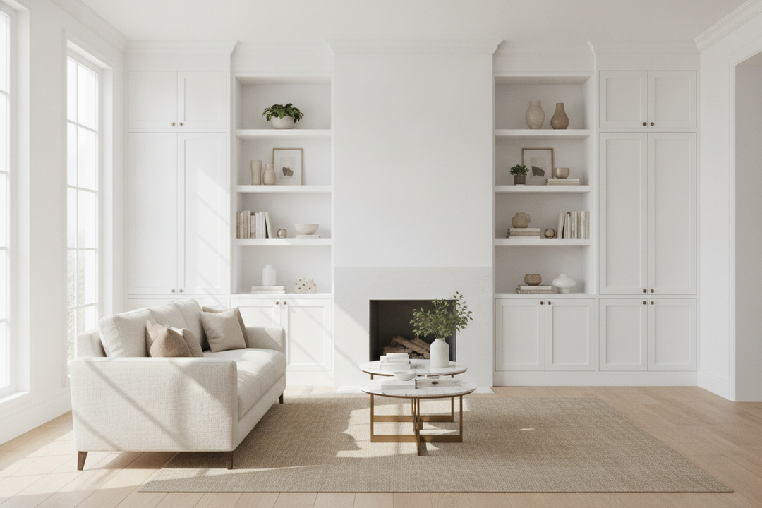 Why I Will Defend 'Boring' White Living Room Built In Cabinets