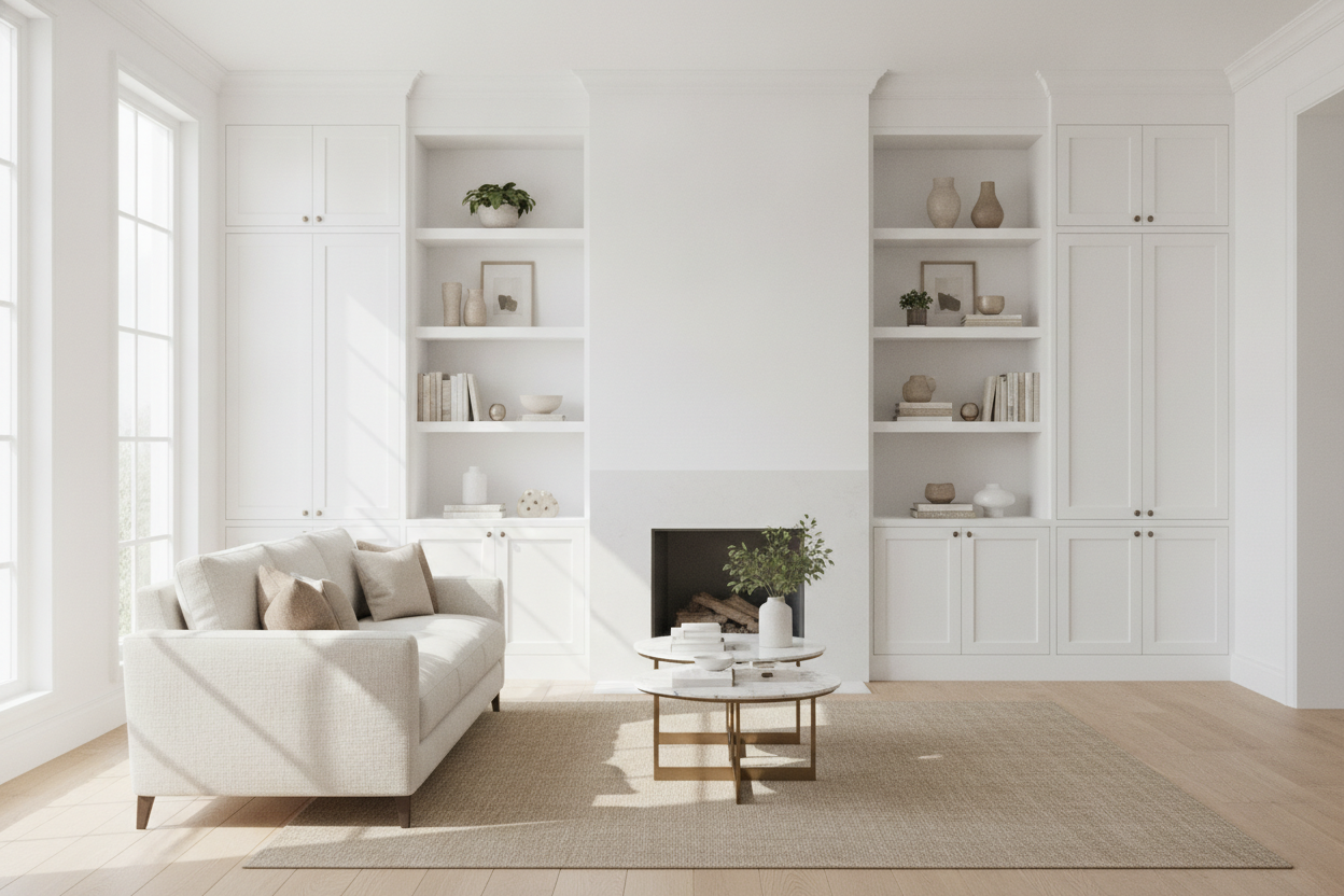 Why I Will Defend 'Boring' White Living Room Built In Cabinets