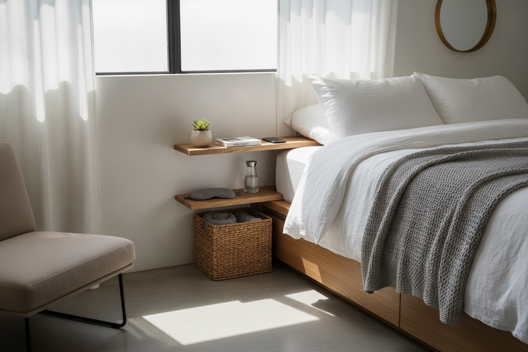 How I Fit Small Bedside Shelves Into a 6-Inch Bedroom Gap