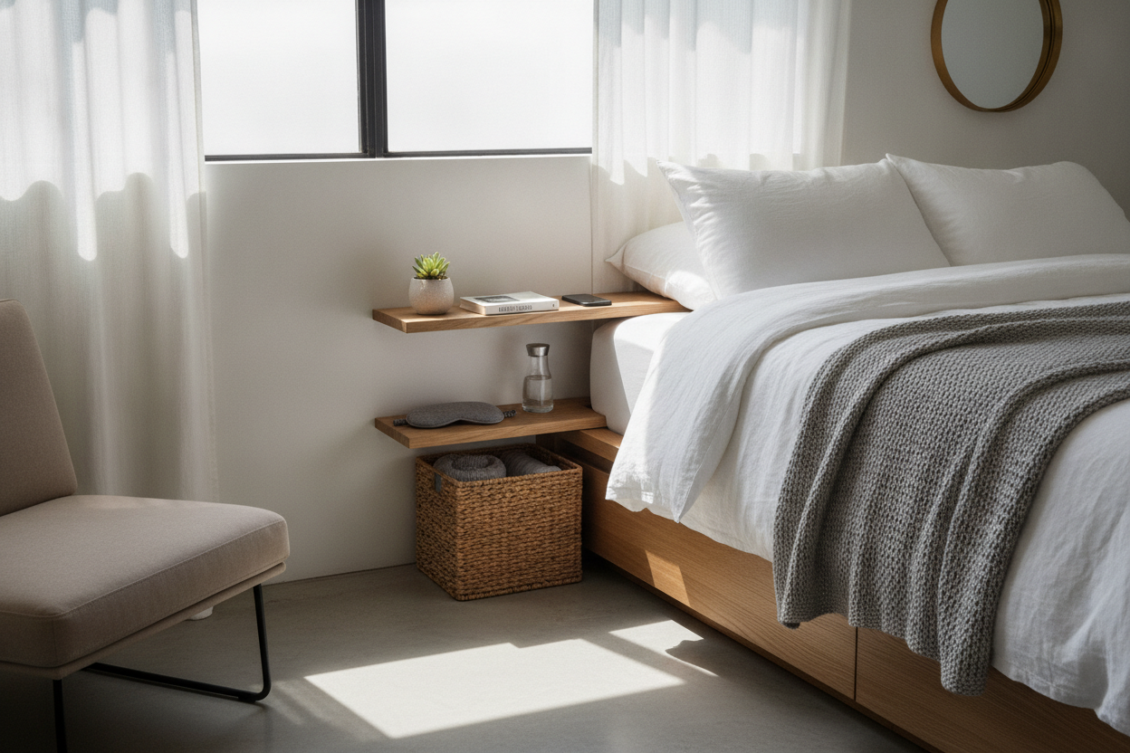 How I Fit Small Bedside Shelves Into a 6-Inch Bedroom Gap