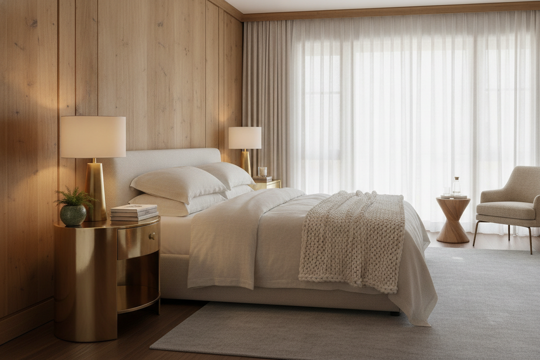 My Wood-Heavy Bedroom Felt Like a Cabin Until I Added a Brass Nightstand