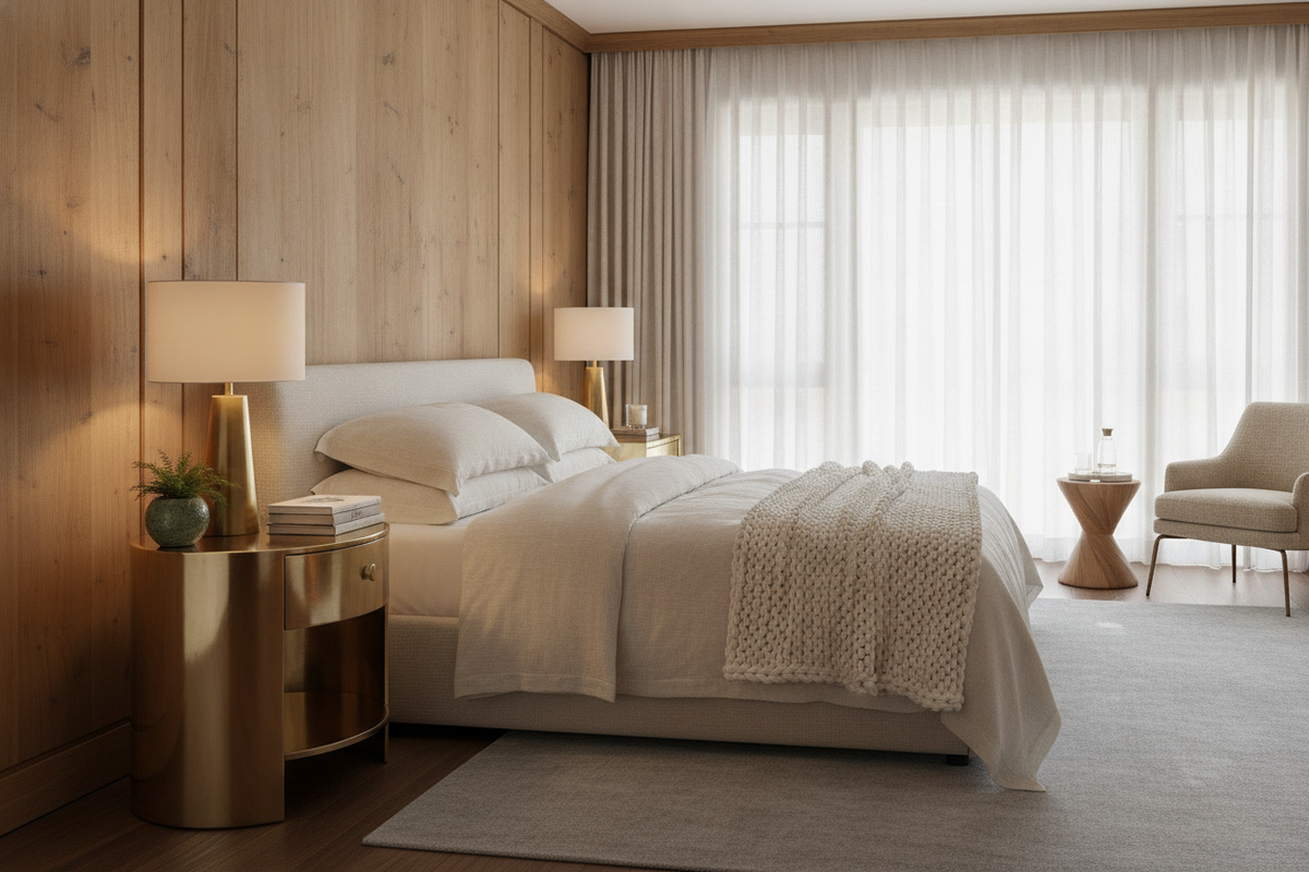 My Wood-Heavy Bedroom Felt Like a Cabin Until I Added a Brass Nightstand