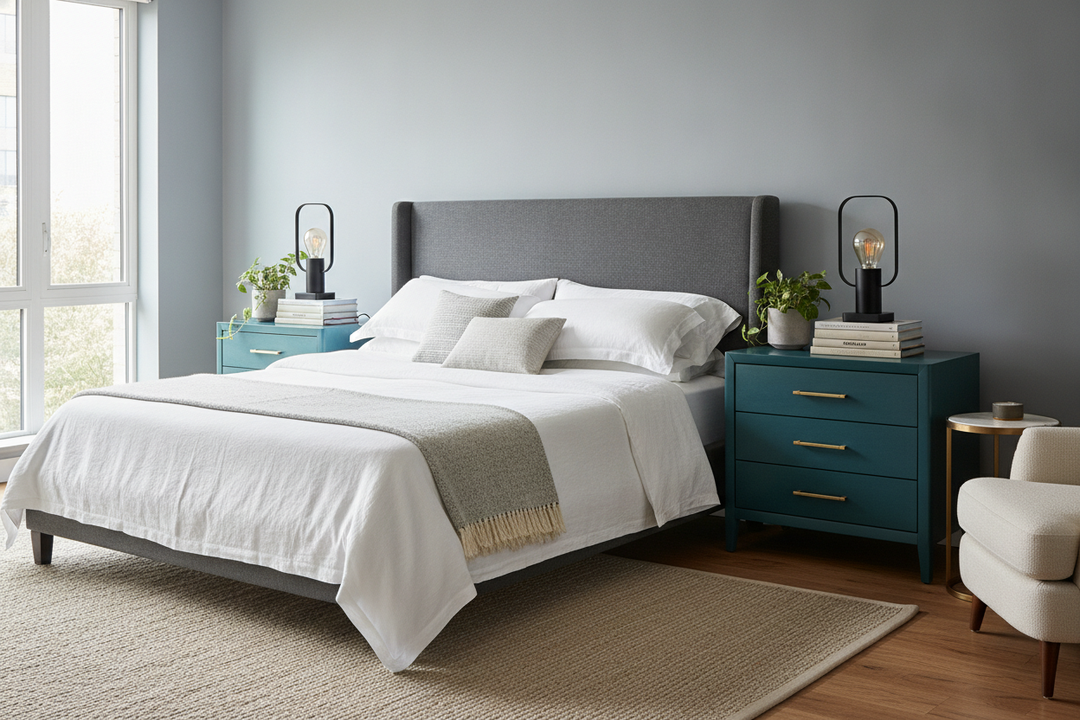 How to Pull Off Teal Bedside Tables in a Grown-Up Bedroom