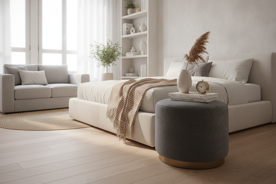 Why Using an Ottoman as Nightstand Is the Ultimate Small Space Hack