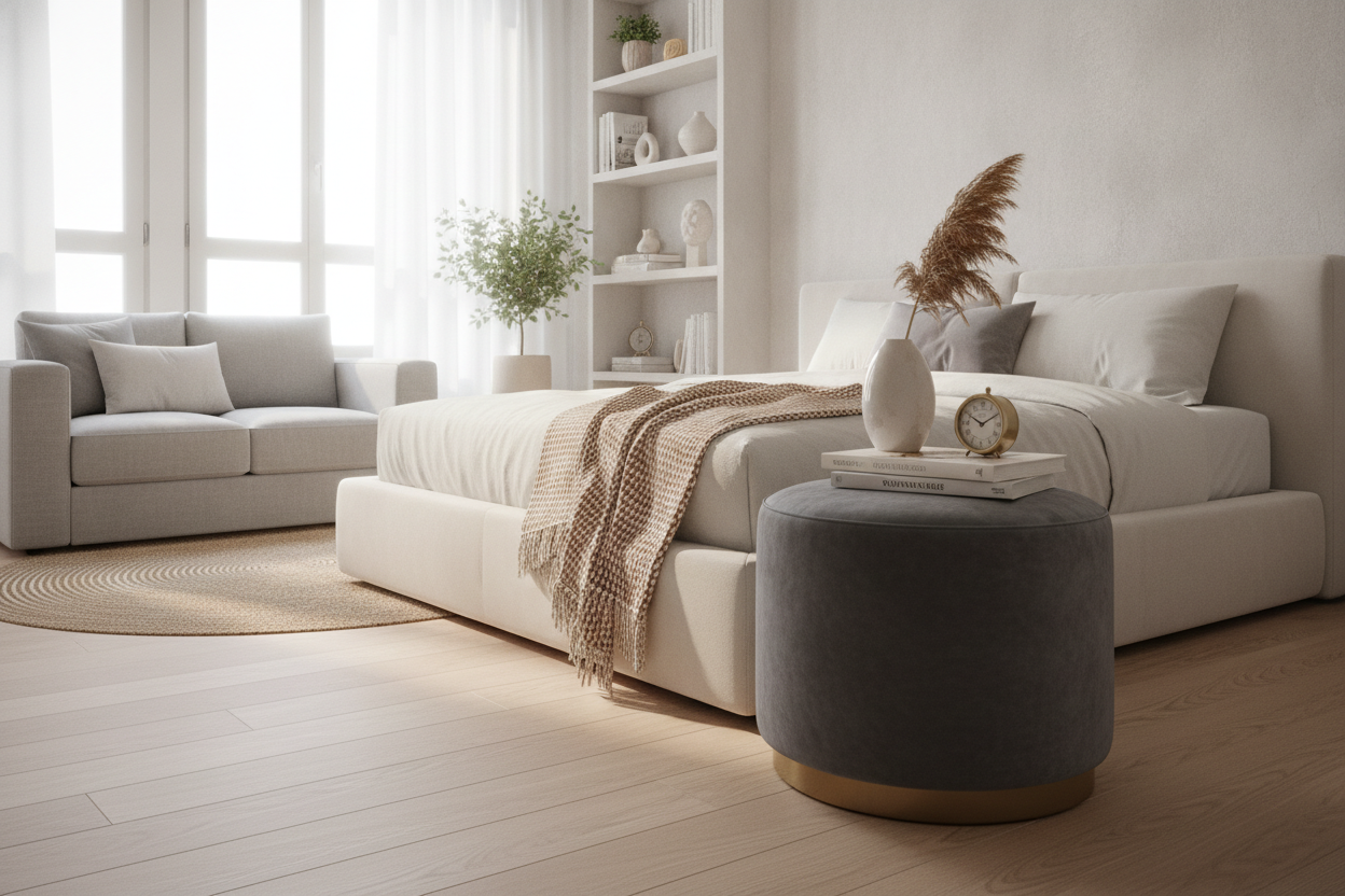 Why Using an Ottoman as Nightstand Is the Ultimate Small Space Hack