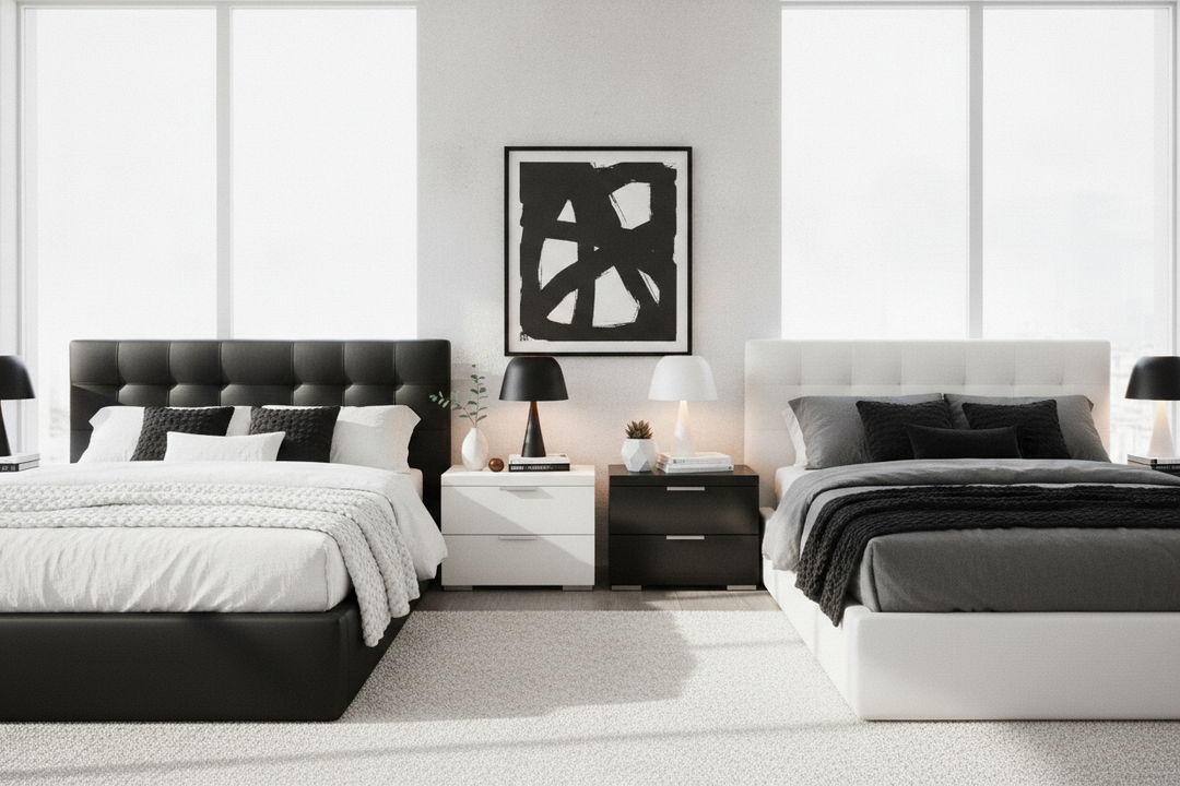 Stop Matching Your Bedroom: The Black Bed White Nightstand Look
