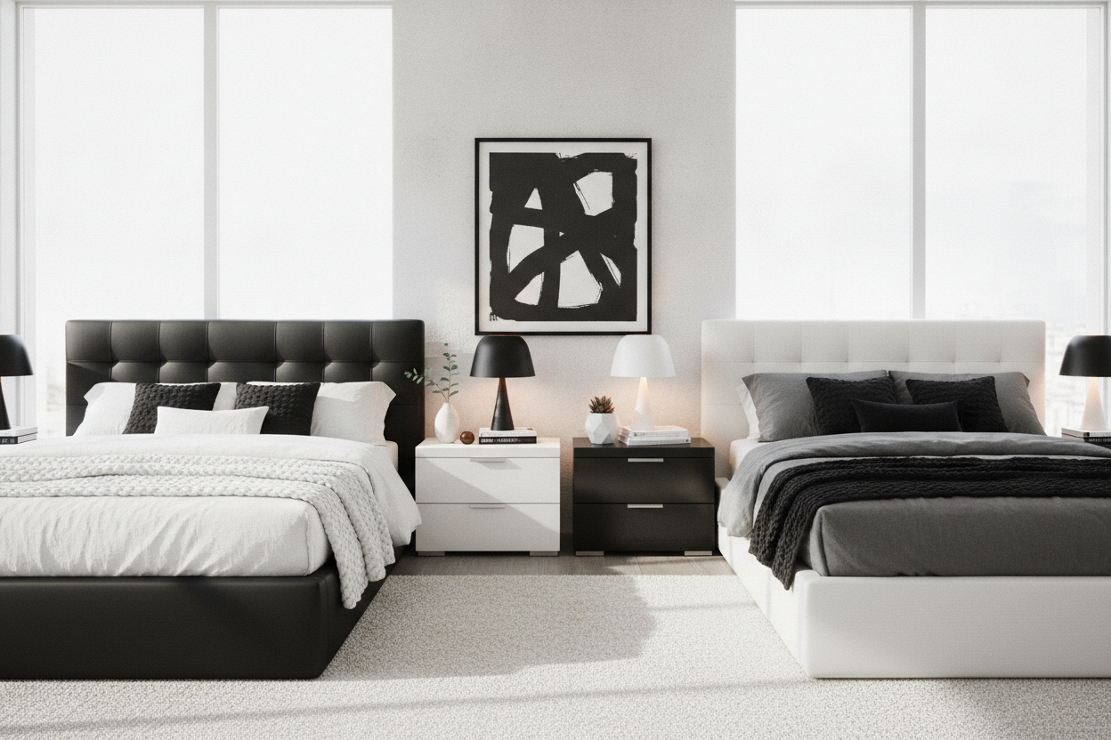 Stop Matching Your Bedroom: The Black Bed White Nightstand Look