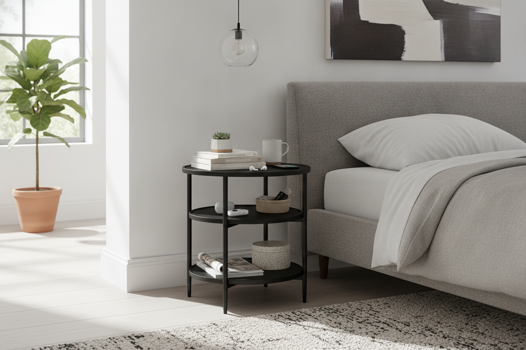 Can a Black Circular Nightstand Actually Hold All Your Junk?