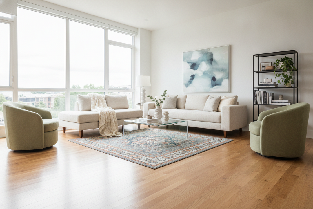 The 'Postage Stamp' Rug is Ruining Your Modern Small Living Room