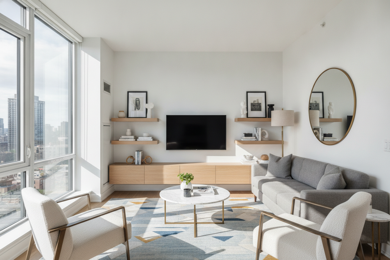Where Does the TV Go? And Other Small Condo Living Room Ideas