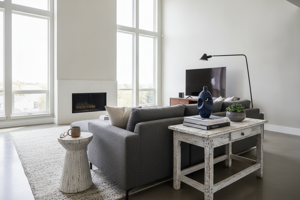 I Put a Distressed End Table in My Modern Living Room (Here's Why)