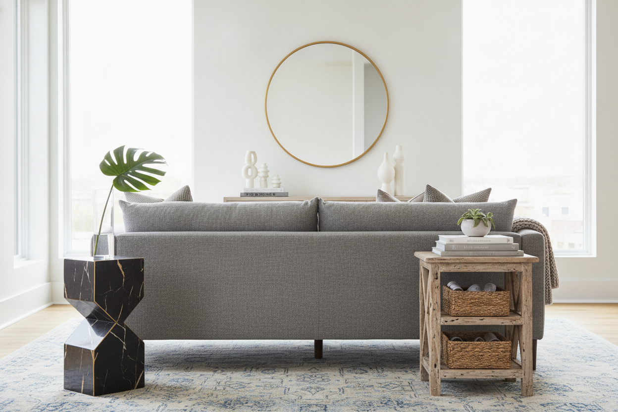 Why I Pair a Basic Sofa With Interesting Side Tables