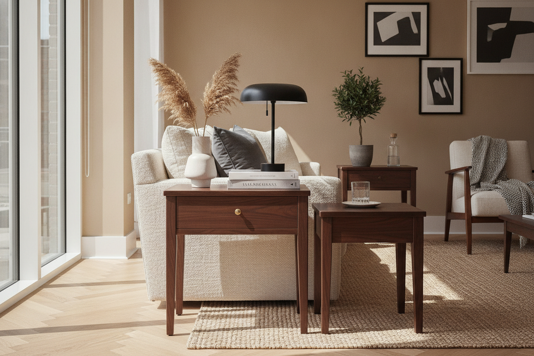 Why Your Neutral Living Room Actually Needs a Dark Wood Side Table