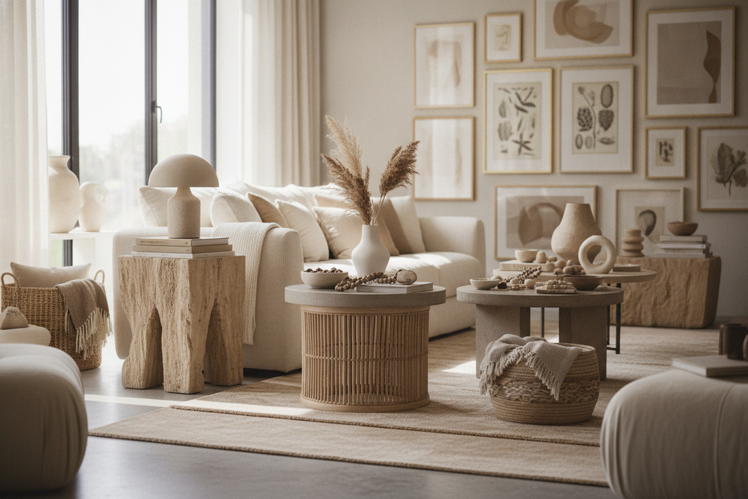 Your Chaotic Living Room Desperately Needs a Beige Side Table