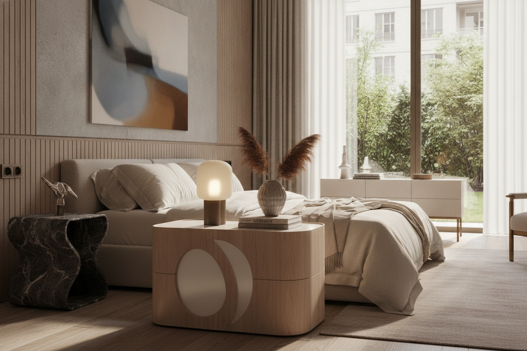I Swapped My Boxy Nightstands for an Abstract Side Table