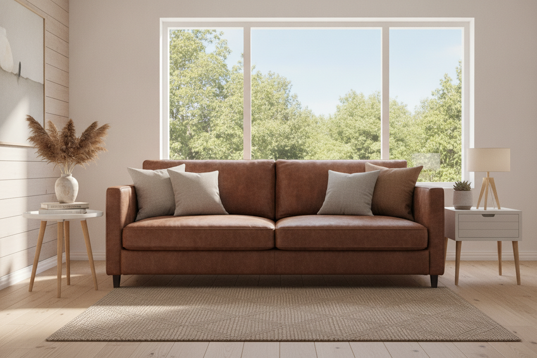 Your Heavy Leather Sofa Needs a White Side Table With Wood Legs
