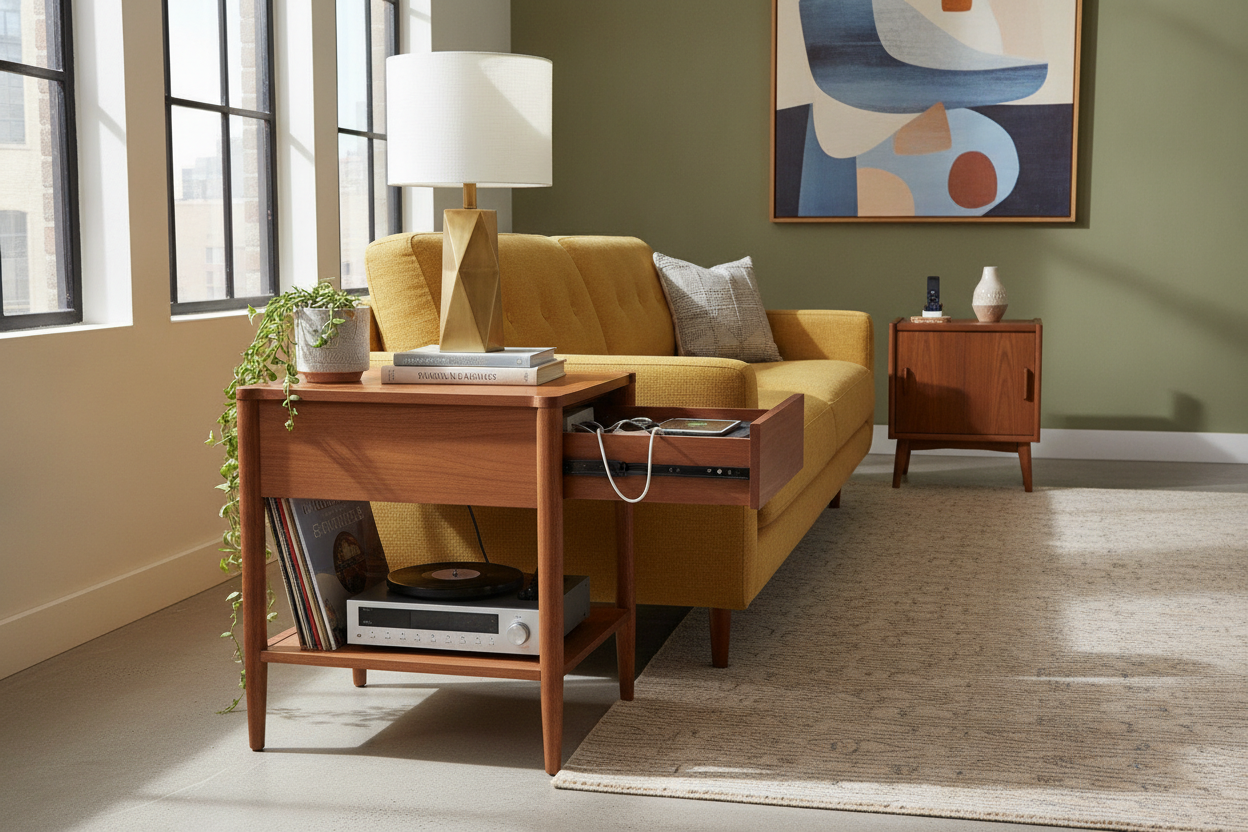 The Secret to Hiding Modern Tech in an MCM Side Table With Drawer