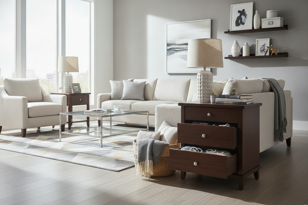 I Used a Nightstand as an End Table to Hide My Living Room Clutter