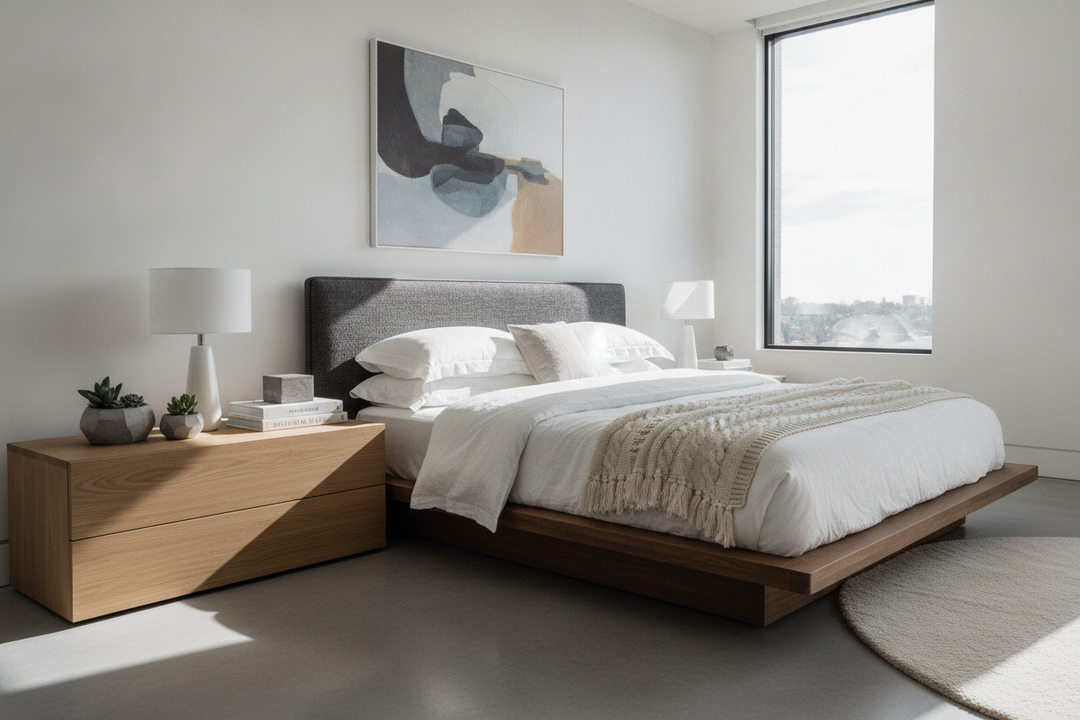 My Platform Bed Looked Awkward Until I Got a Low Wide Bedside Table