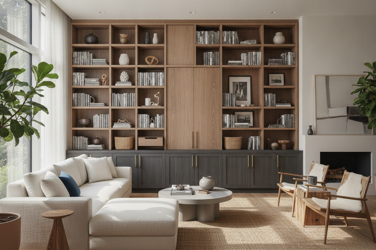 Bookshelves with Cabinet Base Guide: Proportions, Storage Splits, and Room Layouts