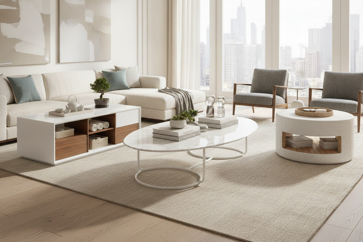 White Cocktail Table Selection Guide: Silhouettes, Wood-Tone Pairings, and Storage Frameworks
