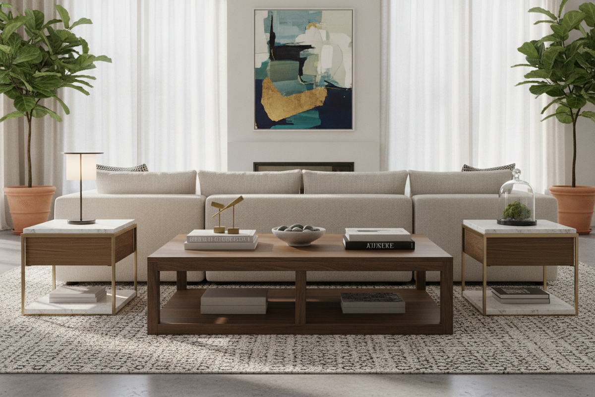 Coffee Table and Two End Tables: Spatial Layouts, Storage Balancing, and Styling Frameworks