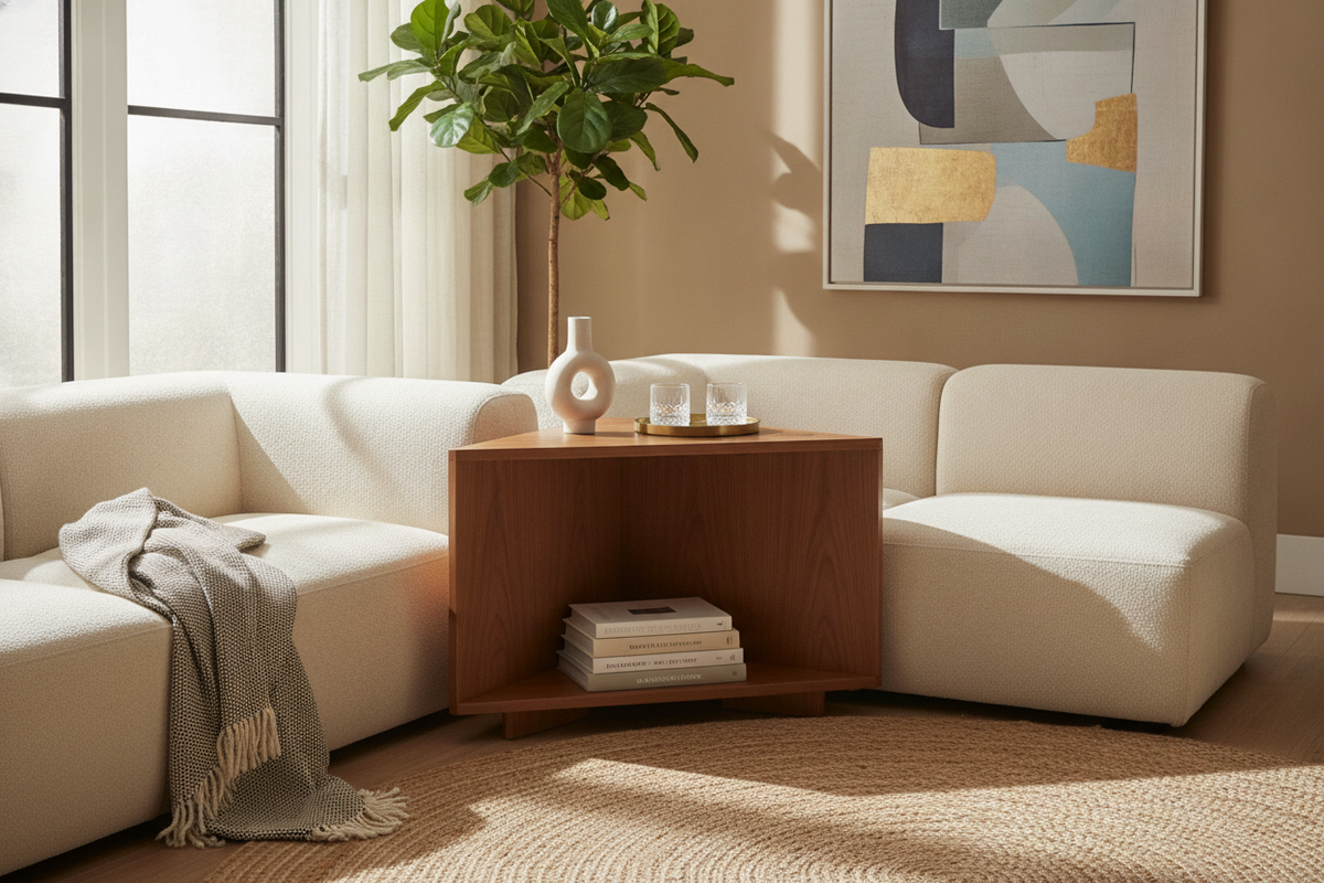 Corner End Table Between Couches: Sizing Ratios, Shape Geometries, and Layout Frameworks