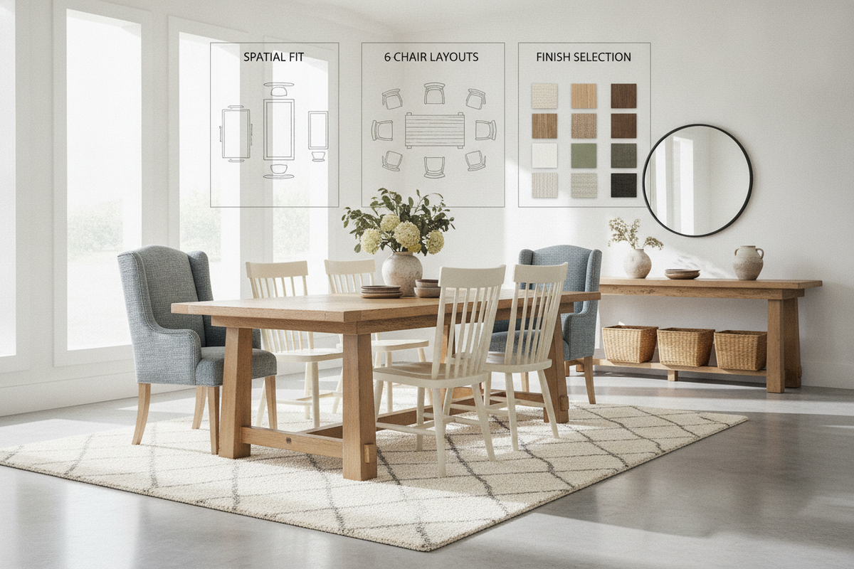 Rooms to Go Farmhouse Table Guide: Spatial Fit, 6-Chair Layouts, and Finish Selection
