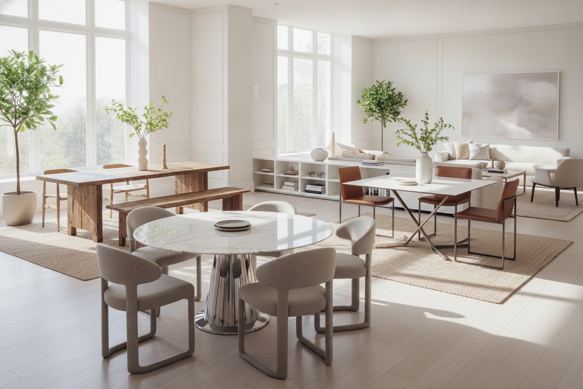 Dining Table Selection Guide: Spatial Layouts, Base Silhouettes, and Functional Room Frameworks