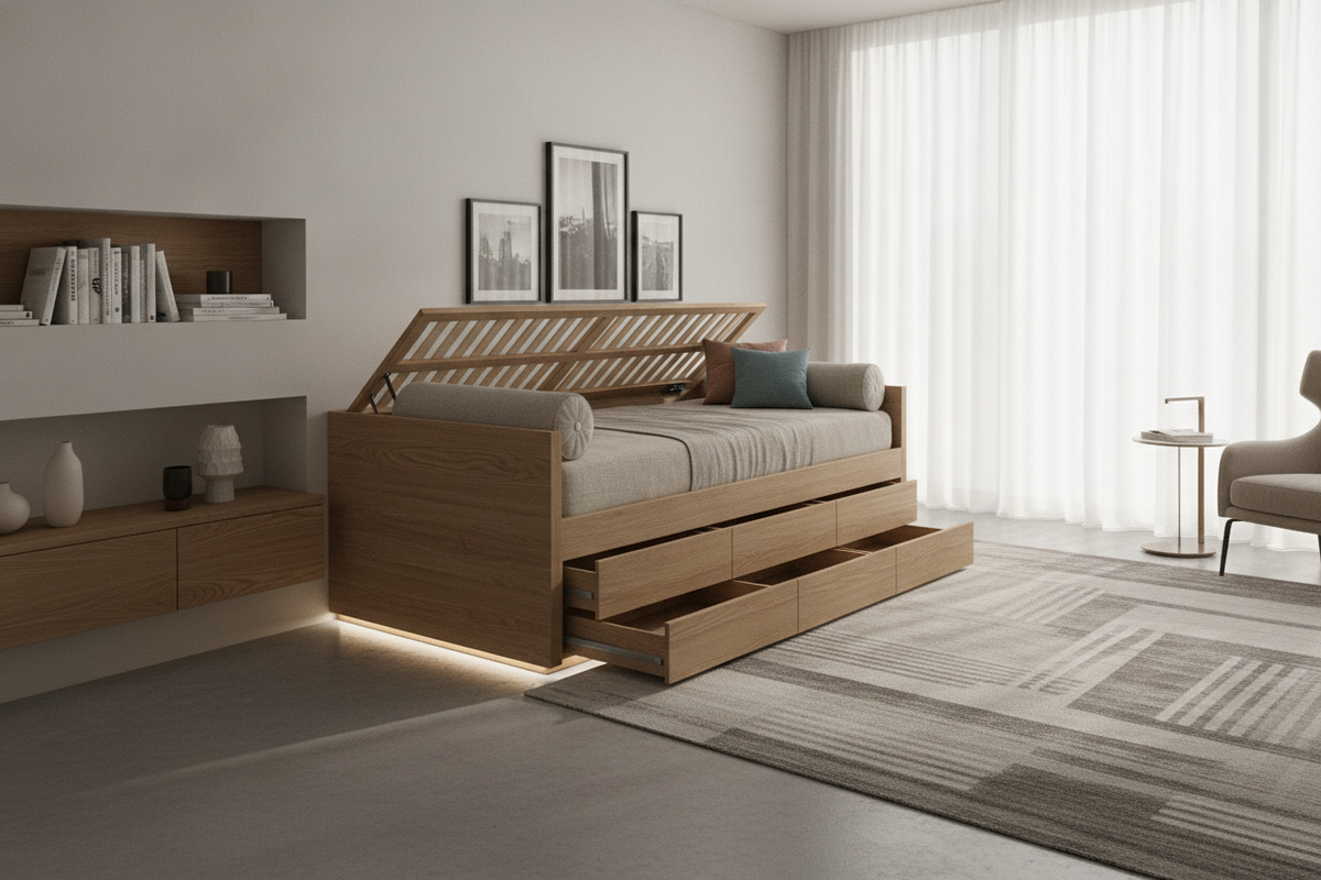 Day Bed with Storage Guide: Frame Mechanisms, Spatial Clearances, and Room Organization Frameworks